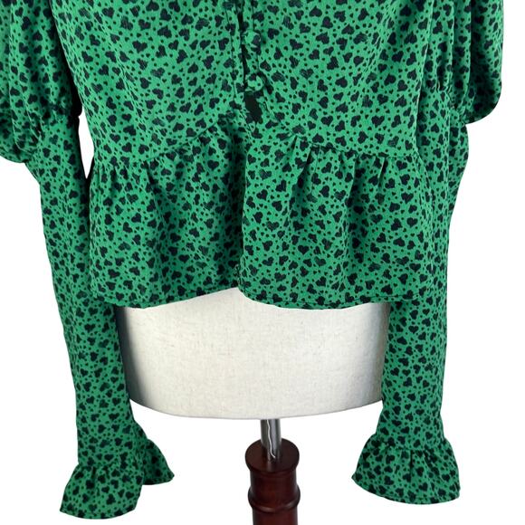 TOPSHOP HEART PRINT PUFF SLEEVE BLOUSE IN GREEN NWOT WOMEN'S SIZE 8 - Picture 9 of 13